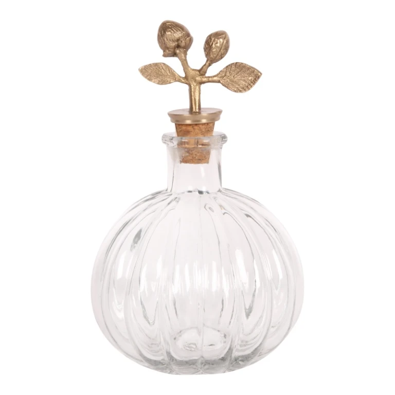 Botella decorativa con tapón - 19 cm - amarilla - latón y vidrio