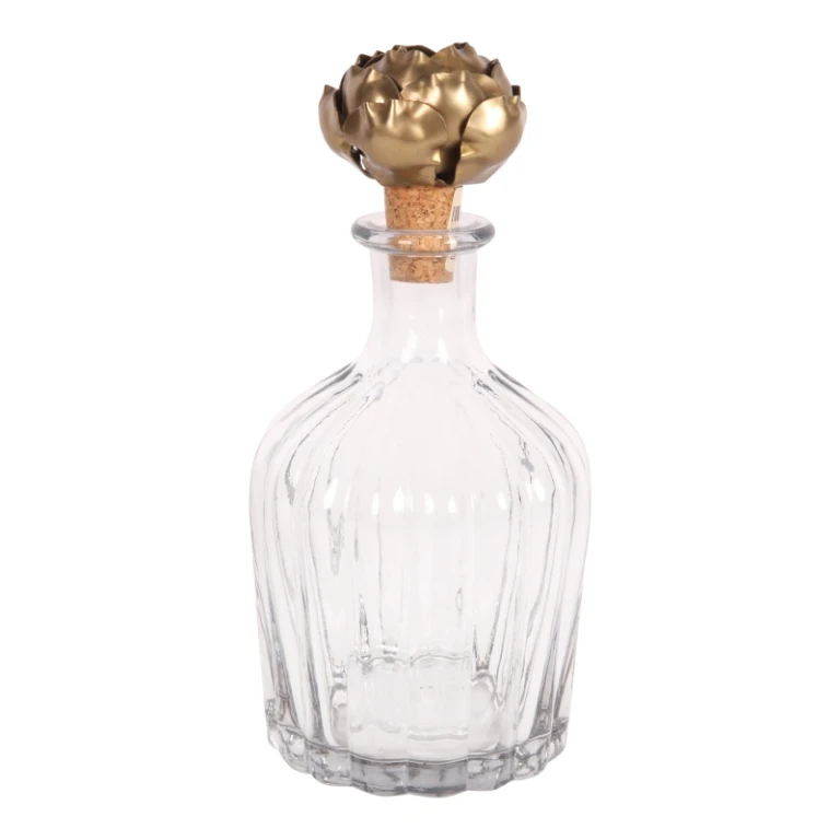 Botella decorativa con tapón de rosas - 20 cm - dorado - madera