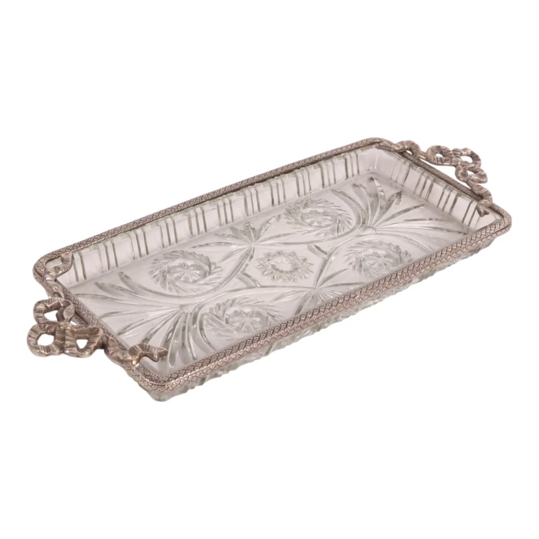 Bandeja de latón y vidrio - plateado - 33 x 16 cm