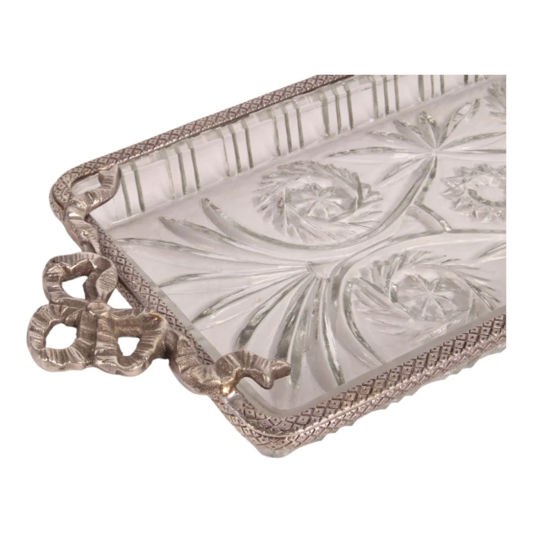 Bandeja de latón y vidrio - plateado - 33 x 16 cm